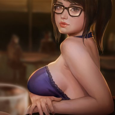 big breasts, breasts, cleavage, fainxel, female, female only, glasses, large breasts, looking at viewer, mei (overwatch), overwatch, solo