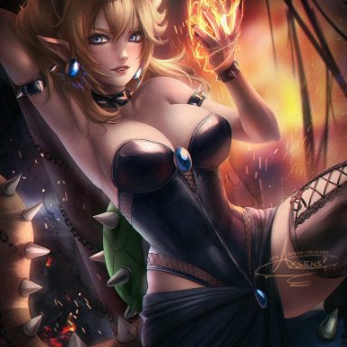 axsens, blonde hair, blue eyes, bowsette, breasts, cleavage, female, female only, looking at viewer, nintendo, pinup, solo, spread legs, super mario bros., thighhighs