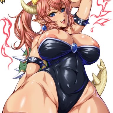 alternate version available, blue eyes, bowsette, cameltoe, cleavage, curvy, erect nipples, gigantic breasts, huge areolae, masa yuki, nintendo, puffy nipples, red hair, super mario bros., voluptuous