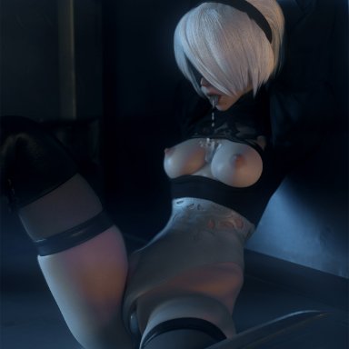 3d, bondage, cum, cum in pussy, cum inside, female, female only, nier, nier: automata, open mouth, pussy, restrained, solo, spread legs, tongue