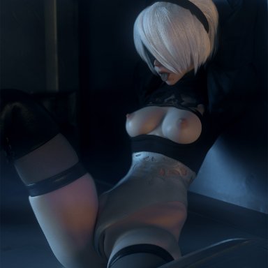 3d, bondage, female, female only, nier, nier: automata, open mouth, pussy, restrained, solo, spread legs, tongue, tongue out, vgerotica, yorha 2b