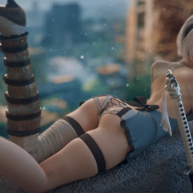 3d, ass, female, female only, looking at viewer, looking back, nier, nier: automata, solo, thighhighs, vgerotica, yorha 2b