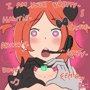 animated, cat ears, choker, cute, femboy, girly, gloves, headset, heart-shaped pupils, kansard depravity, orange hair, text