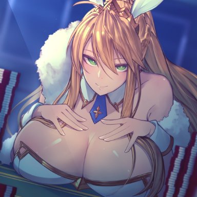 artoria pendragon (all), artoria pendragon (swimsuit ruler) (fate), big breasts, bunny ears, bunny girl, bunnysuit, cero320, fate (series), fate/grand order, female, green eyes, long hair, nipples, nipples visible through clothing, ponytail