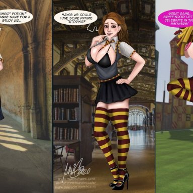 areolae, big breasts, bimbo, bimbofication, body transformation, breast expansion, brown eyes, brown hair, cheerleader, dialog, female, female focus, female only, harry potter, heart-shaped pupils