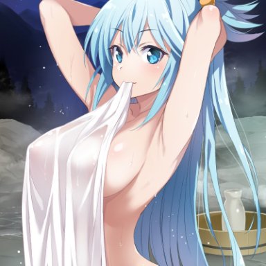 aqua (konosuba), armpits, arms behind head, arms up, bangs, blue eyes, blue hair, blush, breasts, clavicle, closed mouth, covering, covering nudity, eyebrows visible through hair, female