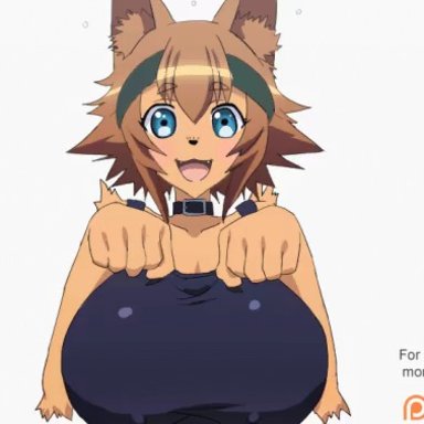 alternate version at source, animated, anthro, big breasts, bouncing breasts, canine, canine humanoid, furry, greatveemon, looking at viewer, monster musume no iru nichijou, multiple versions, polt (monster musume), source request, tagme