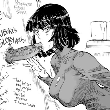 bb (baalbuddy), bob cut, breasts, covered nipples, cum, cum in mouth, cum on clothes, earrings, english text, fellatio, female, from side, fubuki (one-punch man), glory hole, greyscale