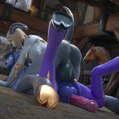 3d, animal genitalia, animated, areolae, balls, big balls, big breasts, big testicles, bouncing breasts, breasts, draenei, erection, from behind, futa on futa, futanari