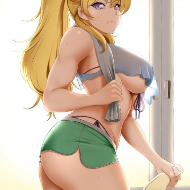 1girls, ass, big breasts, blonde hair, breasts, cleavage, female, female only, kimmy77, large breasts, looking at viewer, looking back, rwby, side-tie panties, solo