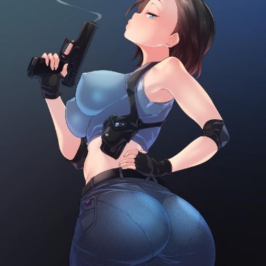 1girls, alternate breast size, armpits, ass, bangs, bare shoulders, blue eyes, bob cut, born-to-die, breasts, capcom, erect nipples, female, fingerless gloves, from behind