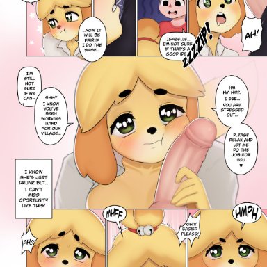 amadeen, animal crossing, anthro, blush, bodily fluids, breasts, canid, canine, canis, clothed, clothing, comic, dialogue, domestic dog, drooling