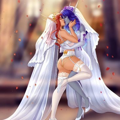 2girls, ass, blood elf, female, female only, garter belt, kissing, panties, sienna, thighhighs, void elf, wedding, wedding dress, world of warcraft, yuri