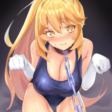 1girls, blonde hair, blush, breasts, cleavage, collar, competition swimsuit, elbow gloves, large breasts, legs, long hair, looking at viewer, mizugi, one-piece swimsuit, oppai