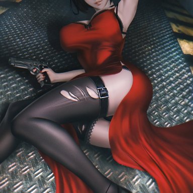 1girls, ada wong, armpits, asian, asian female, asian male, ass, big breasts, black hair, brown eyes, capcom, dress, female, female only, gun