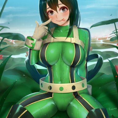 1girls, abs, alternate breast size, big breasts, black eyes, bodysuit, clothed, clothes, easonx, female, female only, green hair, hero outfit(mha), kneeling, lily pad