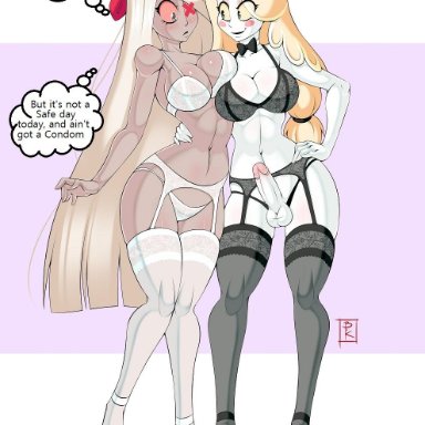 big breasts, blunt katana, bra, breasts, charlie (hazbin hotel), cleavage, female, female only, futa with female, futanari, garter belt, hazbin hotel, high heels, large breasts, lingerie