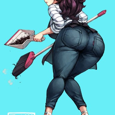 apron, artist signature, ass, beriru, big breasts, blue background, brown hair, clothed, grey eyes, haircut, heavenly ass, high heels, huge ass, jeans, junkpuyo