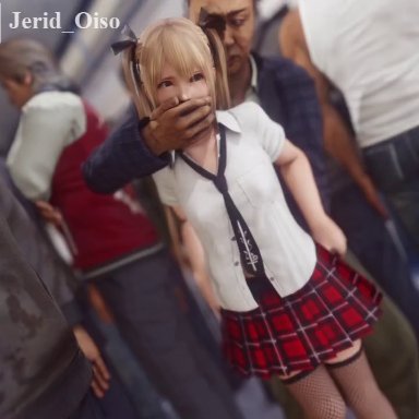 1girl, 3d, age difference, animated, blonde hair, blue eyes, censored, close-up, clothed sex, dead or alive, fishnets, from behind, hand on mouth, implied rape, jerid oiso