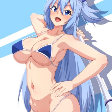 aqua (konosuba), big breasts, bikini, blue eyes, blue hair, female, female only, goddess, kono subarashii sekai ni shukufuku wo!, legs, long hair, na si m, nanashi maru, nipples, nipples visible through clothing