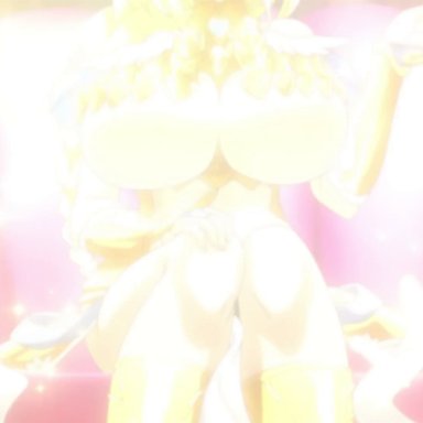 1boy, 1girls, angel, angel wings, animated, areolae, armor, ass, backboob, blonde hair, blue eyes, bouncing breasts, braid, breast slap, breasts