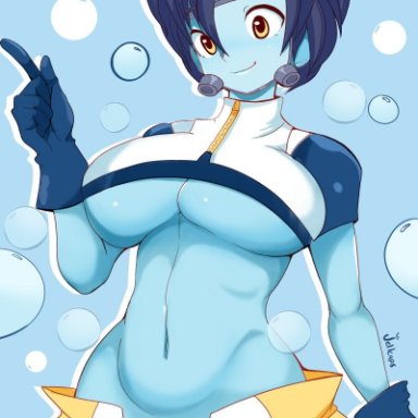 big breasts, blue hair, blue skin, bubble girl, female, female only, hero outfit(mha), jellcaps, kaoruko awata, my hero academia, short hair, solo, solo female, solo focus