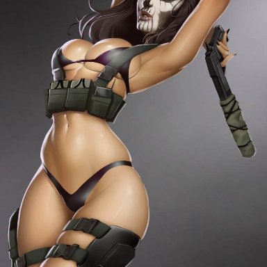 :), 1girl, 1girls, bikini, black bikini, black bra, black panties, breasts, brown hair, caveira, facepaint, female, female focus, female only, highres