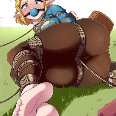 arms behind back, ass, ball gag, bondage, breath of the wild, feet, long ears, nintendo, panties visible through clothing, princess zelda, the legend of zelda, the legend of zelda: breath of the wild, thick thighs, thighs, tight clothing