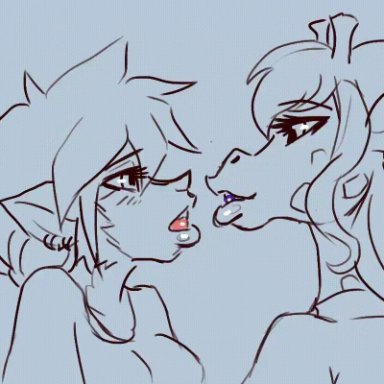 ambiguous gender, animated, anthro, drawn, eye contact, french kiss, furry, giraffe, half-closed eyes, interspecies, kissing, long tongue, partially colored, pussy ejaculation, pussy juice