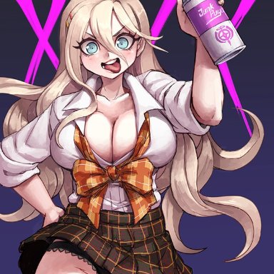 big breasts, blonde hair, blue eyes, cleavage, danganronpa, danganronpa v3, iruma miu, junkpuyo, looking at viewer, open mouth, ribbon, school uniform, skirt, spray can, spray paint