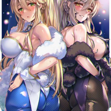 2girls, artoria pendragon (all), artoria pendragon (swimsuit rider alter), artoria pendragon (swimsuit ruler) (fate), big breasts, blonde hair, blush, bunny ears, bunny girl, bunnysuit, embarrassed, fate (series), fate/grand order, female only, green eyes