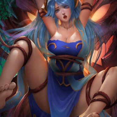 1girls, armpits, assisted exposure, barefoot, blue hair, bondage, bound, bound wrists, breasts, cleavage, clothing, curled toes, d:, dress, feet