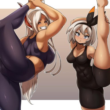 2girls, abs, alternate breast size, animal ears, ass, barefoot, bea (pokemon), big ass, big breasts, blonde hair, blue eyes, bodysuit, breasts, brown background, cameltoe