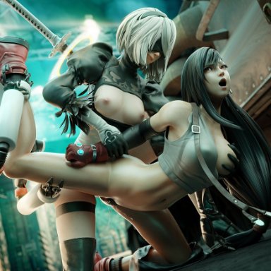 2girls, 3d, areolae, breasts, female, female only, final fantasy, final fantasy vii, fireboxstudio, from behind, nier: automata, nipples, penetration, pussy, sex