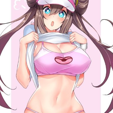 1girls, abs, alternate breast size, alternate outfit, belly, big breasts, blue eyes, blush, bra, brown hair, cleavage, double bun, eye contact, hair bun, hat