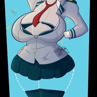 armpits, arms up, blush, breasts, button, clothing, female, huge breasts, invisible, lonely-labs, my hero academia, outline, school uniform, schoolgirl, skirt