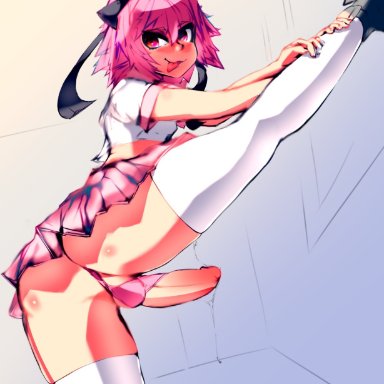 :p, 1boy, astolfo (fate), balls in panties, canon crossdressing, crossdressing, fate (series), fate/grand order, femboy, flexible, girly, leg lift, nelody, panties, penis in panties