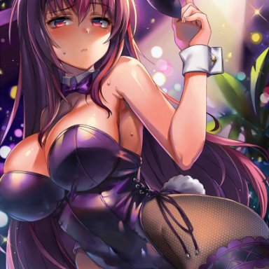 big breasts, bunny ears, bunny girl, bunnysuit, embarrassed, fate (series), fate/grand order, female, female only, long hair, nipples, nipples visible through clothing, purple hair, red eyes, scathach (fate/grand order)