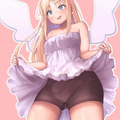 1futa, angel, animated, balls, big penis, blush, bulge, cameltoe, circumcised, crimvael, dress lift, erection, erection under clothes, flaccid, full-package futanari