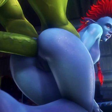 3d animation, anal, anal penetration, anal sex, animated, ass, balls, big ears, big penis, blue skin, breasts, butt, dangling testicles, ear piercing, fangs