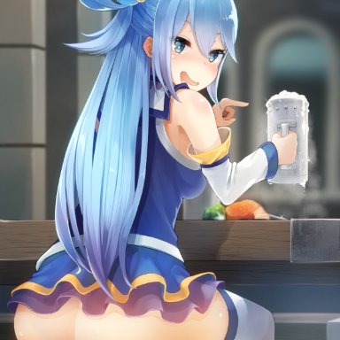 alcohol, amekosame, aqua (konosuba), aqua hair, ass, beer, dat ass, drunk, female, goddess, indoor, kono subarashii sekai ni shukufuku wo!, long hair, looking at viewer, looking back