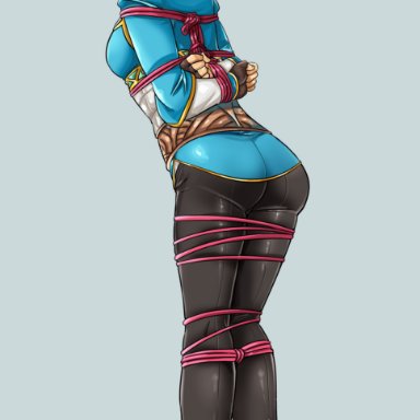 angry, arms behind back, ass, bondage, feet, gagged, hair ornament, long ears, lostonezero, nintendo, princess zelda, stirrup legwear, stirrup socks, tape gag, the legend of zelda