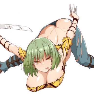 ass, ass up, butt crack, cleavage, dat ass, female, green hair, hikage (senran kagura), huge breasts, jeans, knife, senran kagura, short hair, tokiwa midori, tongue out