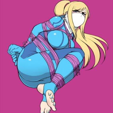 angry, ass, big ass, big breasts, blonde hair, blue nails, bodysuit, bound, eye contact, feet, frogtie, jam-orbital, looking at viewer, metroid, nail polish