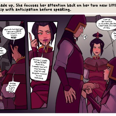 1boy, 2girls, avatar the last airbender, azula, blush, comic, erection, fellatio, female, male, oral, penis, shadowmist, speech bubble, straight