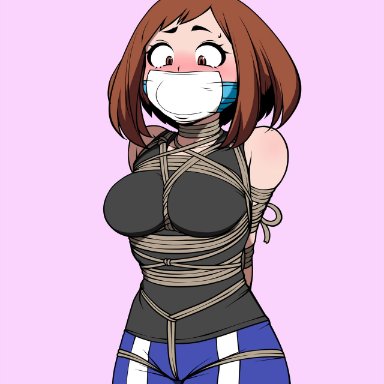 bare shoulders, between breasts, bondage, bound, breast harness, brown hair, crotch rope, gym uniform, my hero academia, ochako uraraka, schoolgirl, tied up, young