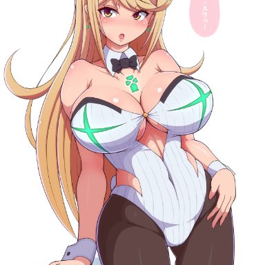 big breasts, blonde hair, brown eyes, bunny ears, bunny girl, bunnysuit, female, female only, japanese text, long hair, mythra, pantyhose, ponpoppo, skindentation, solo