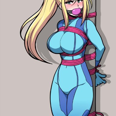 arms behind back, ball gag, big breasts, bodysuit, bondage, bound, jam-orbital, legs tied, legs together, metroid, nintendo, ponytail, samus aran, skin tight, thick thighs