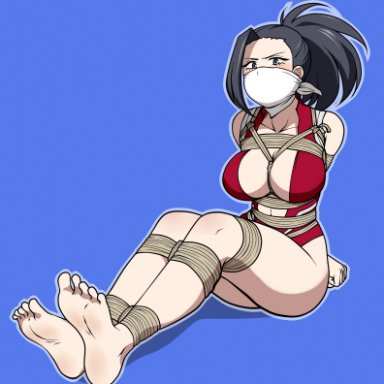 angry, arms behind back, bare shoulders, between breasts, blue background, bondage, bound, feet, gagged, jam-orbital, legs tied, legs together, leotard, looking at viewer, momo yaoyorozu