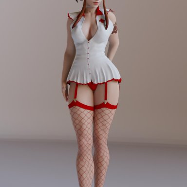 3d, alternate costume, blender, brigitte, clothed, dress, fishnet stockings, garter belt, large breasts, nurse, nurse uniform, overwatch, soundchaser128, stockings, tagme